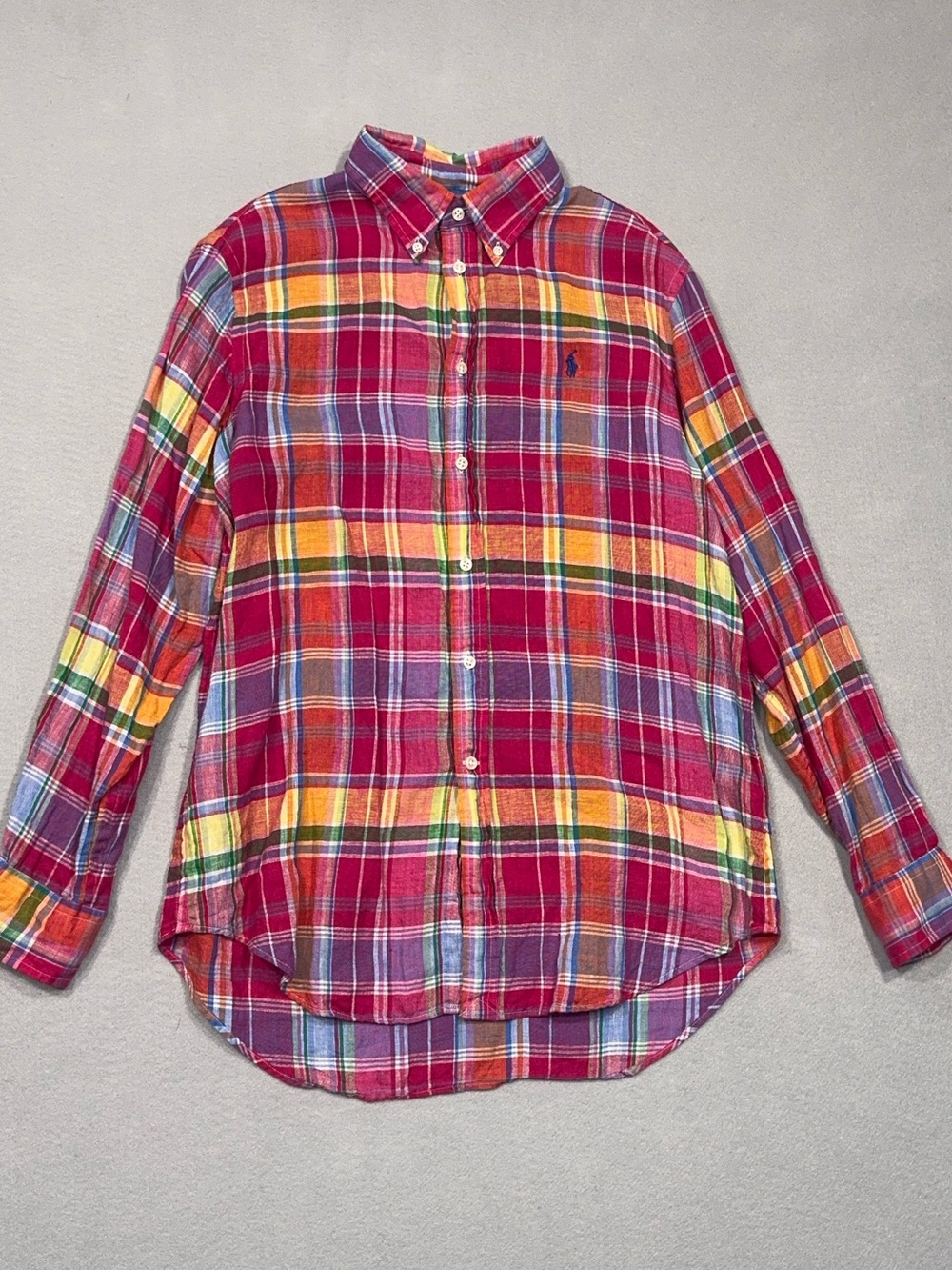 Men’s 100% Linen Polo Ralph Lauren Madras Multicolor Plaid Button Down